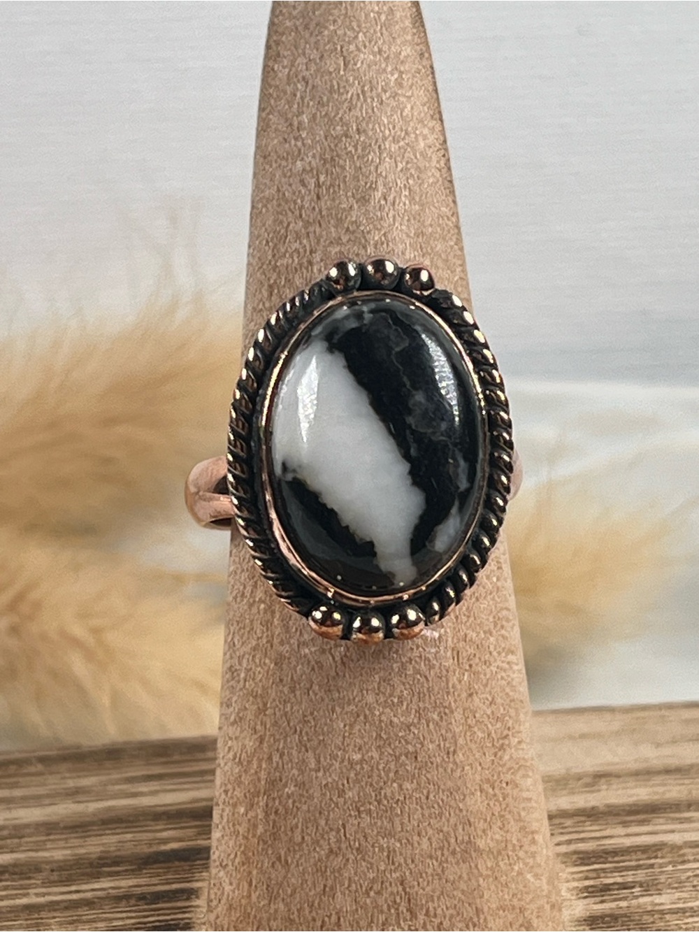 Solid Copper Zebra Jasper Gemstone Ring Size 7.75 Adjustable